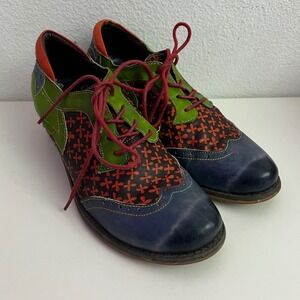 Socofy Multi-Color Leather Floral Patchwork Lace Up Oxford Heels Blue Green 40